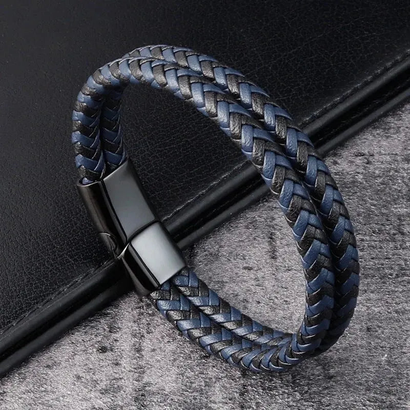 Men’s Navy Double Braided Leather Bracelet