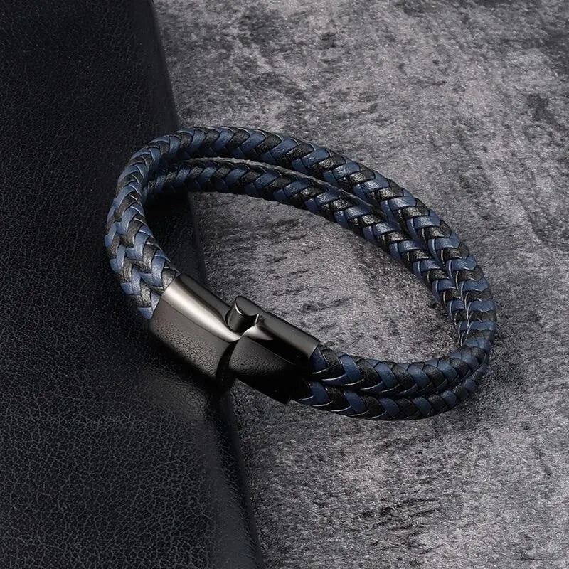 Men’s Navy Double Braided Leather Bracelet