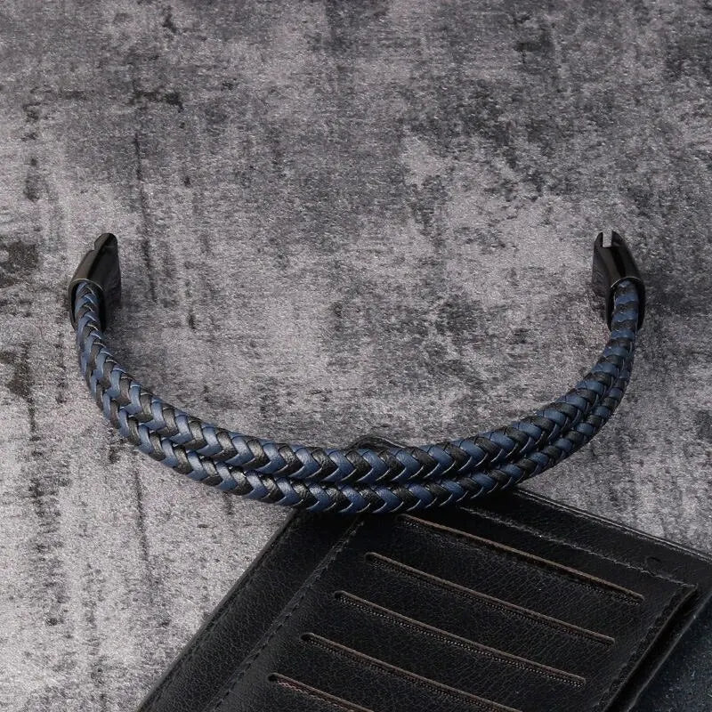 Men’s Navy Double Braided Leather Bracelet